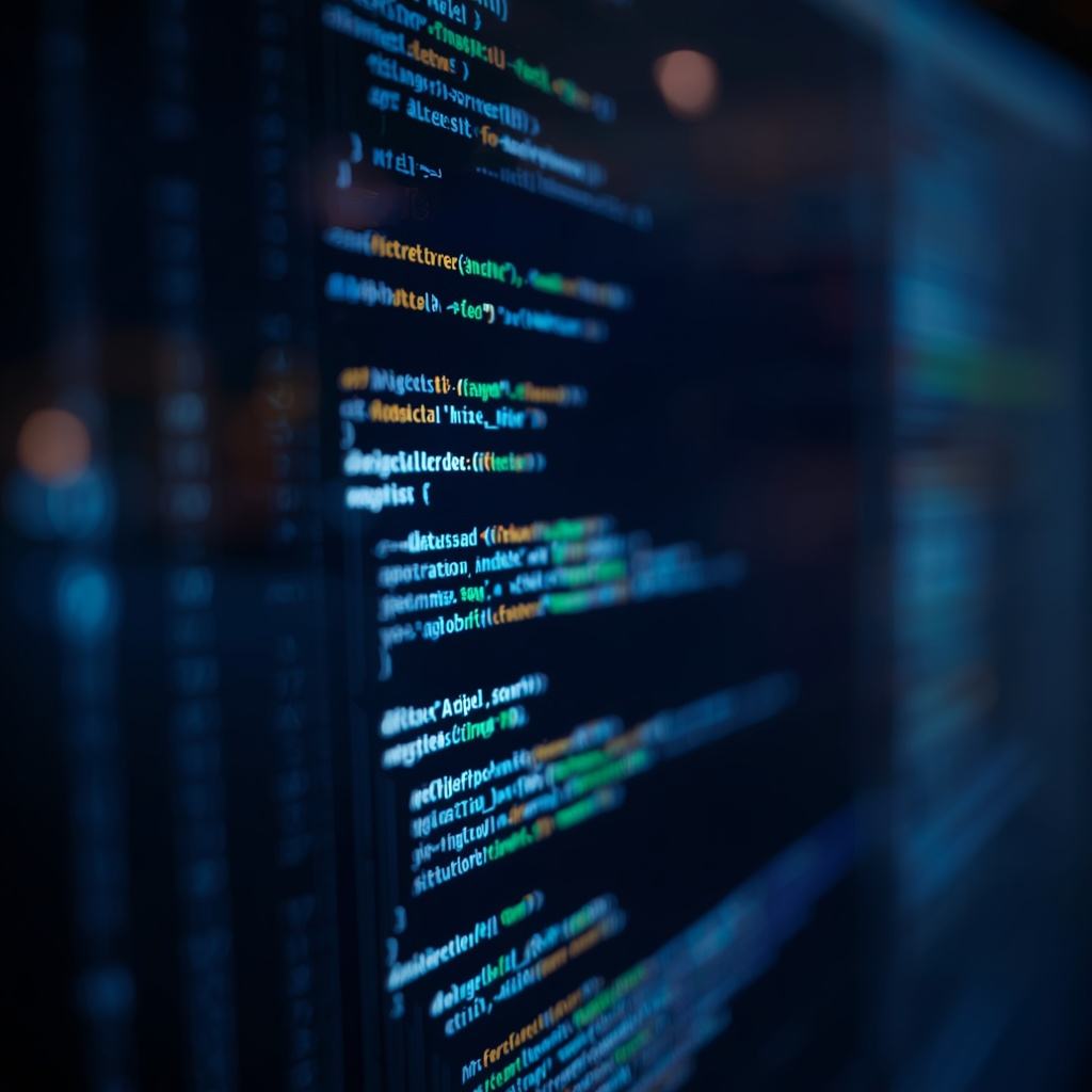 Weich geblurrte Codezeilen auf einem dunklen Monitor