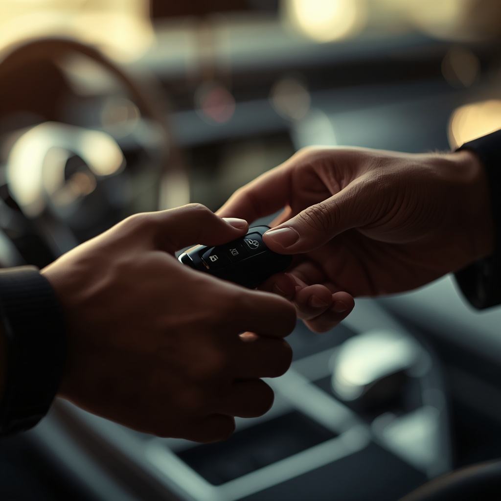 Zwei Hände übergeben einen Premium-Autoschlüssel im warmen Licht