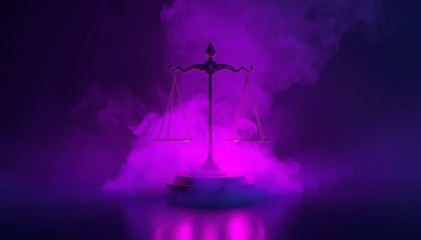 Leuchtende Neon-Waage der Justitia in Violett und Magenta