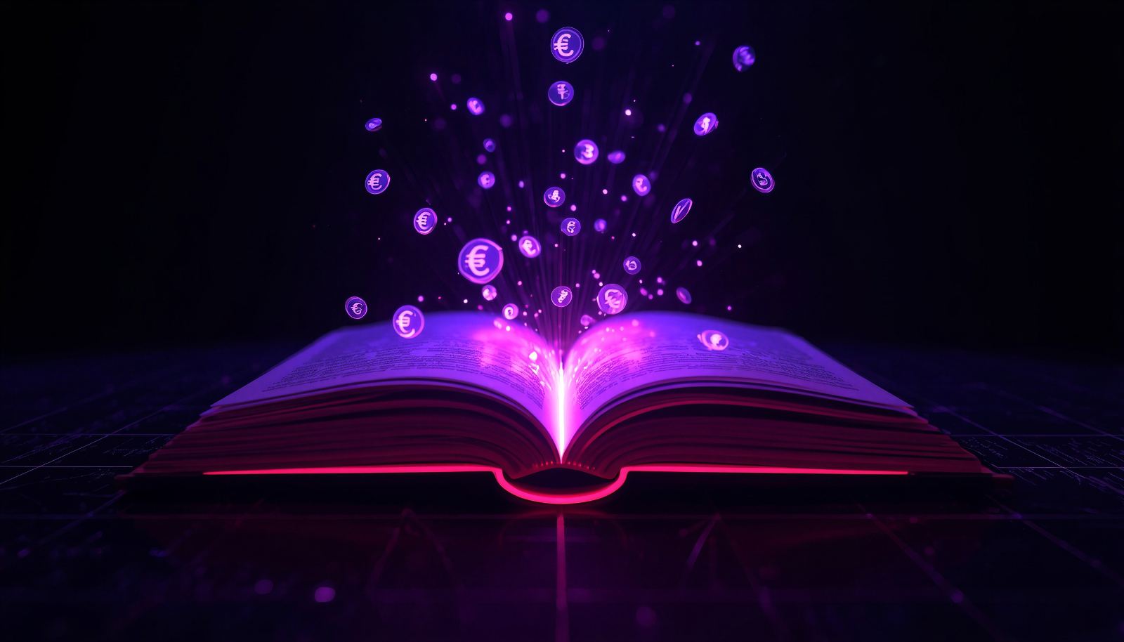 Aufgeschlagenes Buch mit aufsteigenden leuchtenden violetten Partikeln