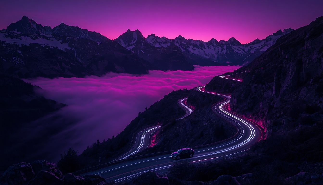 Großglockner Hochalpenstraße mit Serpentinen bei Nacht