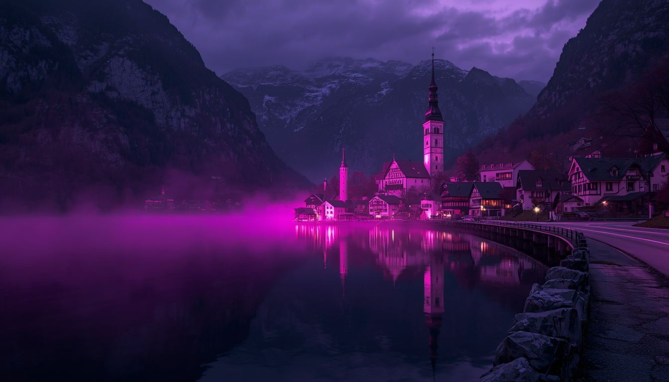 Hallstatt in Österreich bei Nacht mit Kirche am See