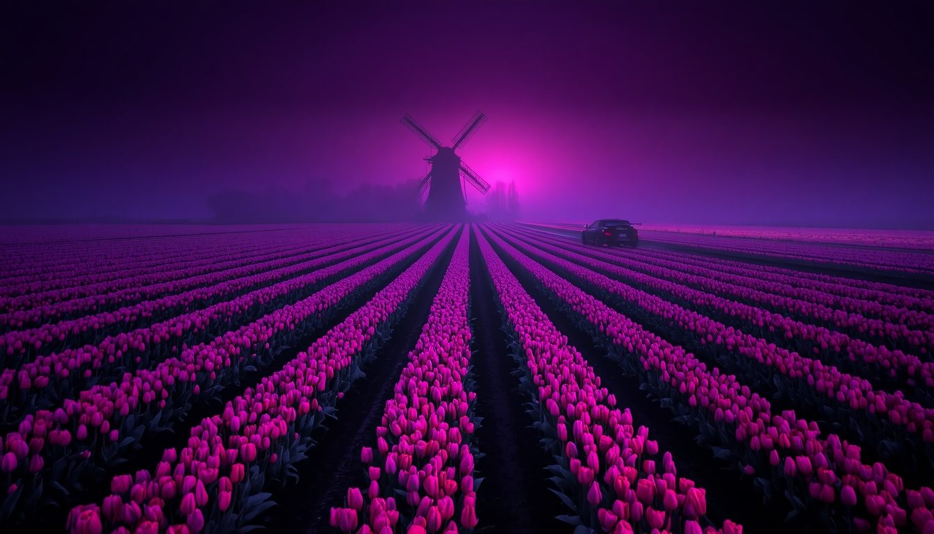 Tulpenfelder mit Windmühle in den Niederlanden bei Nacht