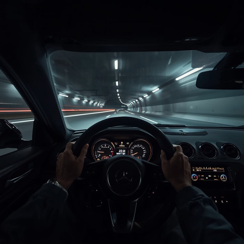 Fahrerperspektive mit Händen am Sportlenkrad in einem Tunnel