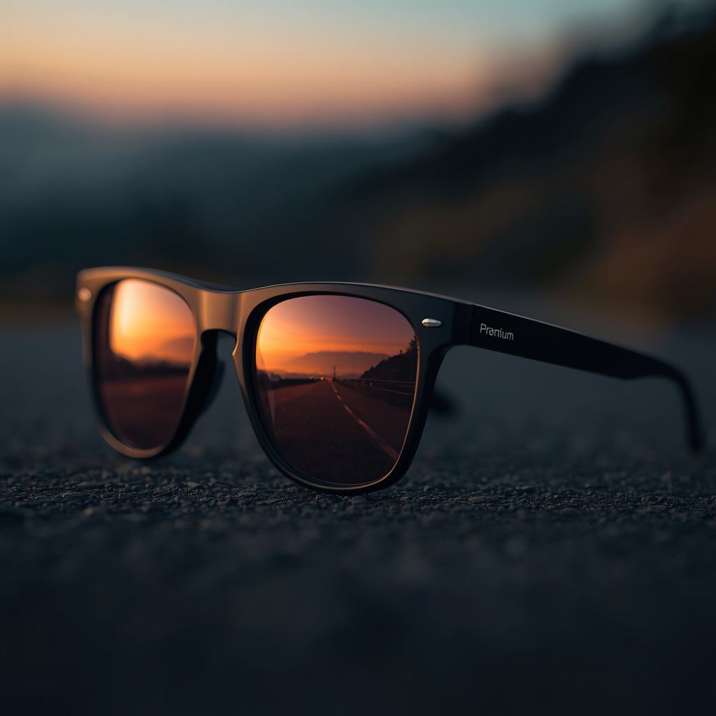 Premium-Sonnenbrille auf dunkler Oberfläche mit Spiegelung einer Bergstraße im Sonnenuntergang