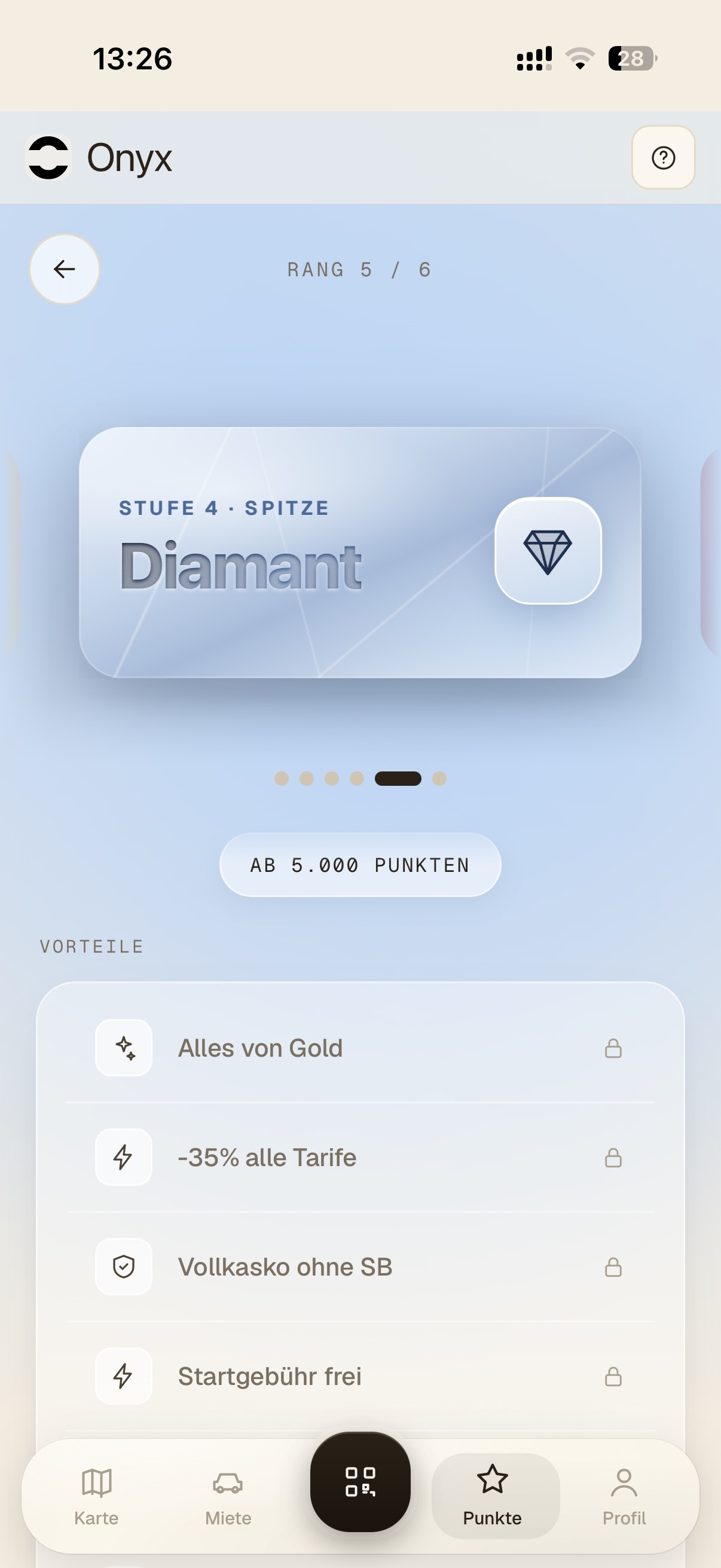 Onyx Carsharing App: Tarif- und Statusansicht mit Diamant-Level