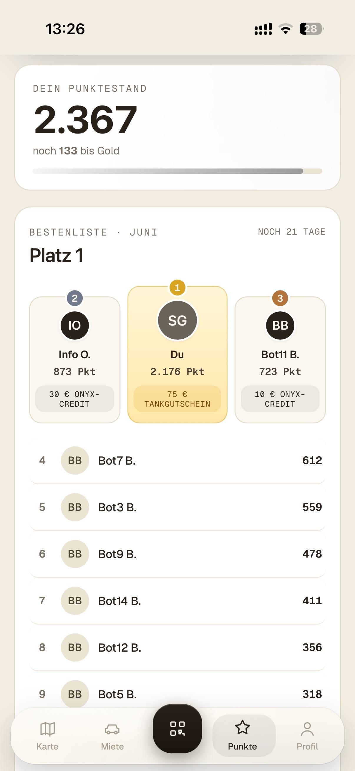 Onyx Carsharing App: Punkte-Leaderboard